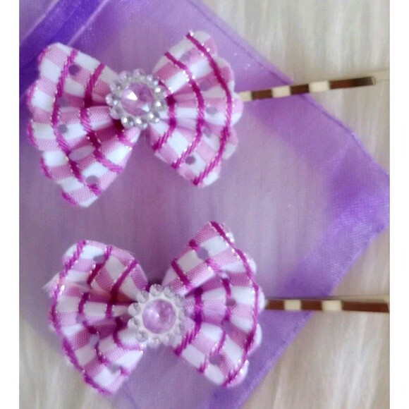 Girl's Set of 2 Handmade Purple Plaid Flower Hair Clips Girl's Accessories New - Picture 2 of 4